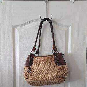VINTAGE BRIGHTON WOVEN STRAW TOTE BAG WITH BROWN LEATHER TRIM